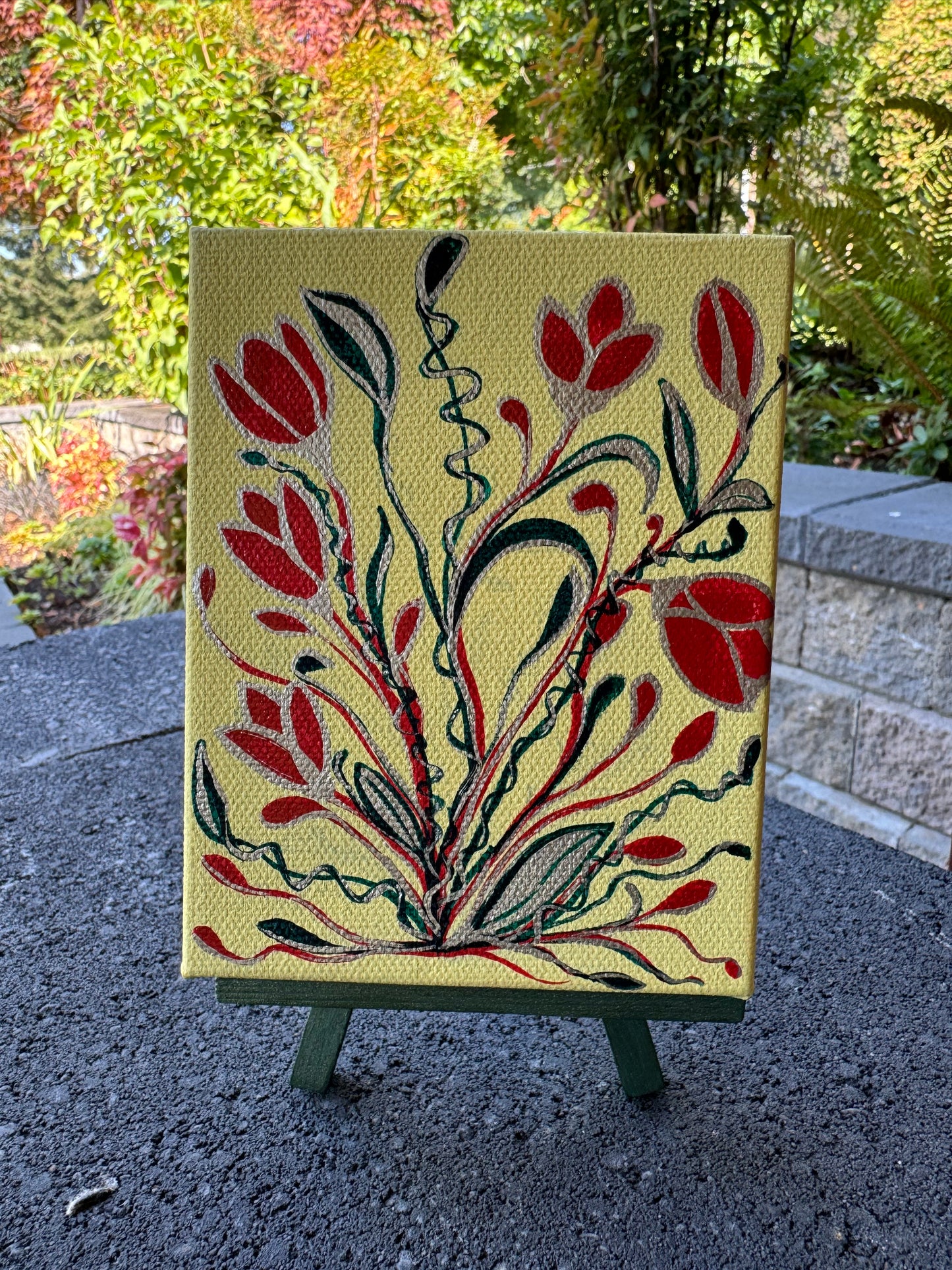 Mi Artesanía Michoacána in Red and Gold | Painting 4x5 in on Canvas